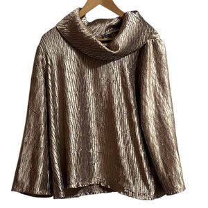 Chicos Travelers 2 Large 12-14 Gold Crushed Shine Cowl Neck Long Sleeve Blouse
